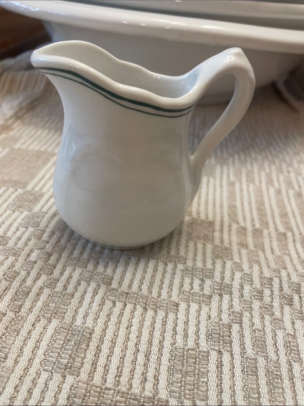 Vintage White Ceramic Creamer with Green Double Rim Accent